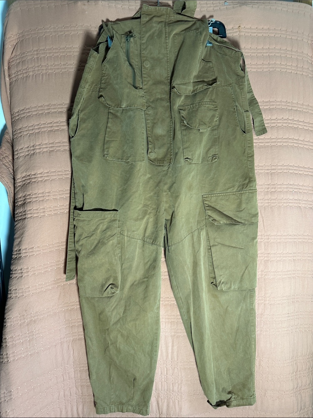 Men's Olive Cargo Overalls with Multiple Utility Pockets